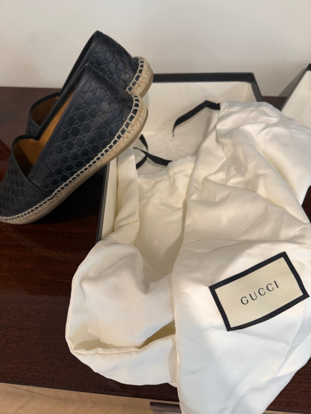 Gucci Black Leather Embossed GG Espadrille Slip-Ons - Picture 4 of 5